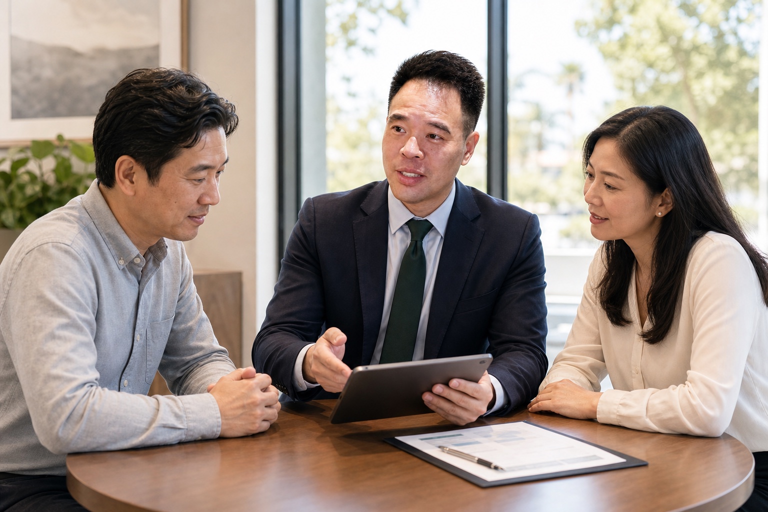 Jeff Huang CPA 在洛杉矶办公室与华人夫妇讨论税务和财务规划